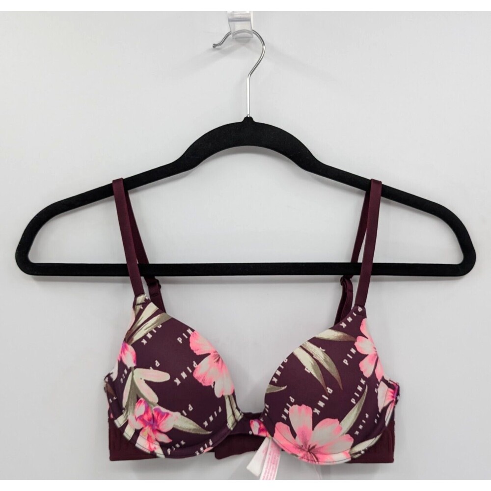 Victoria's Secret PINK Bra Women's 32A Plum Purple Floral T-shirt Lightly Lined